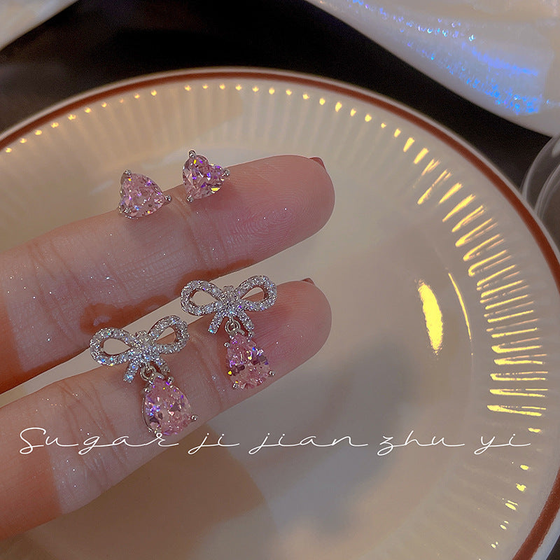 Women's Pink Zircon Bow Simple Design Super Shiny Earrings