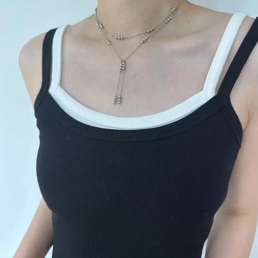 Sier Simple Sliver Beads Tassel Double Layer Spacer Necklace