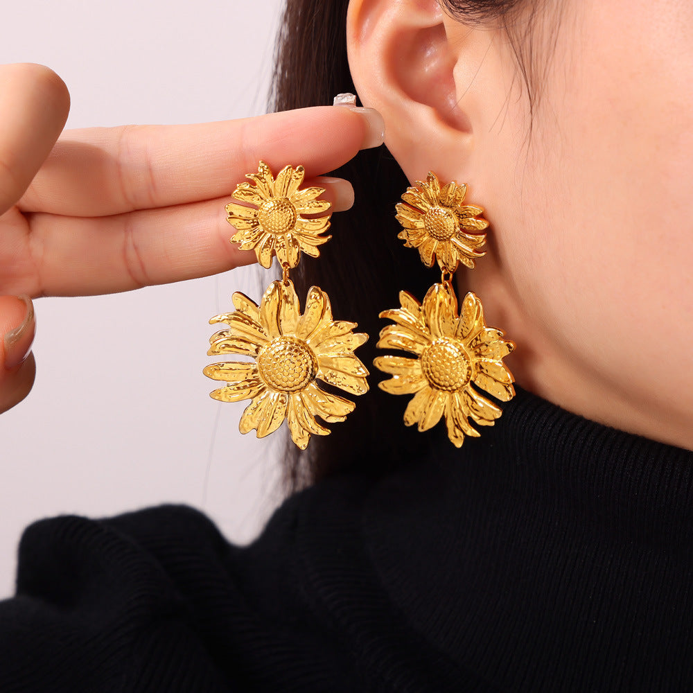 Texture Flower Design Sense Titanium Steel Gold Plated Casual Earrings