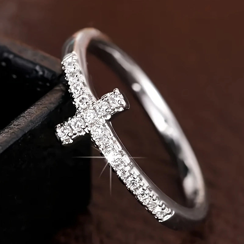 Cross Light Luxury Personality Minimalist Style Gold Inlaid Zircon Rings