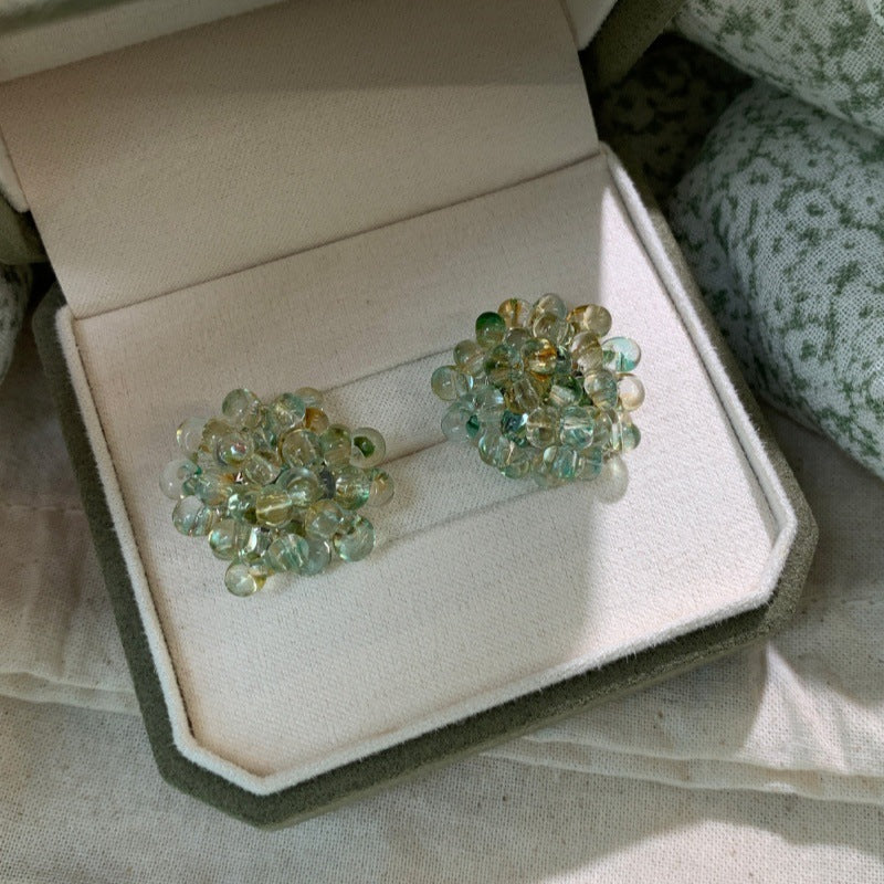 Emerald Beads Cluster Clear Cyan Beaded Niche Gentle Stud Earrings