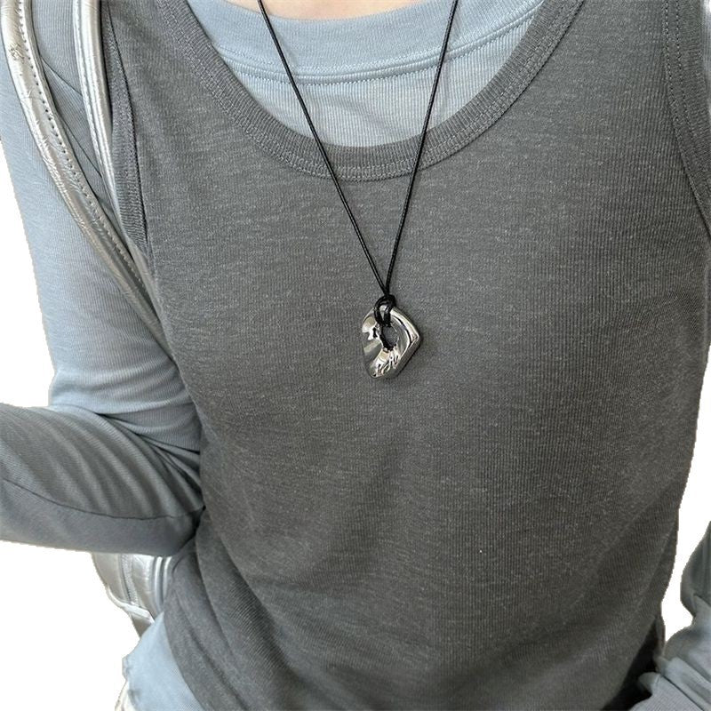 Women's Abstraction Hollow Geometry Wild High-grade Black Leather Necklaces
