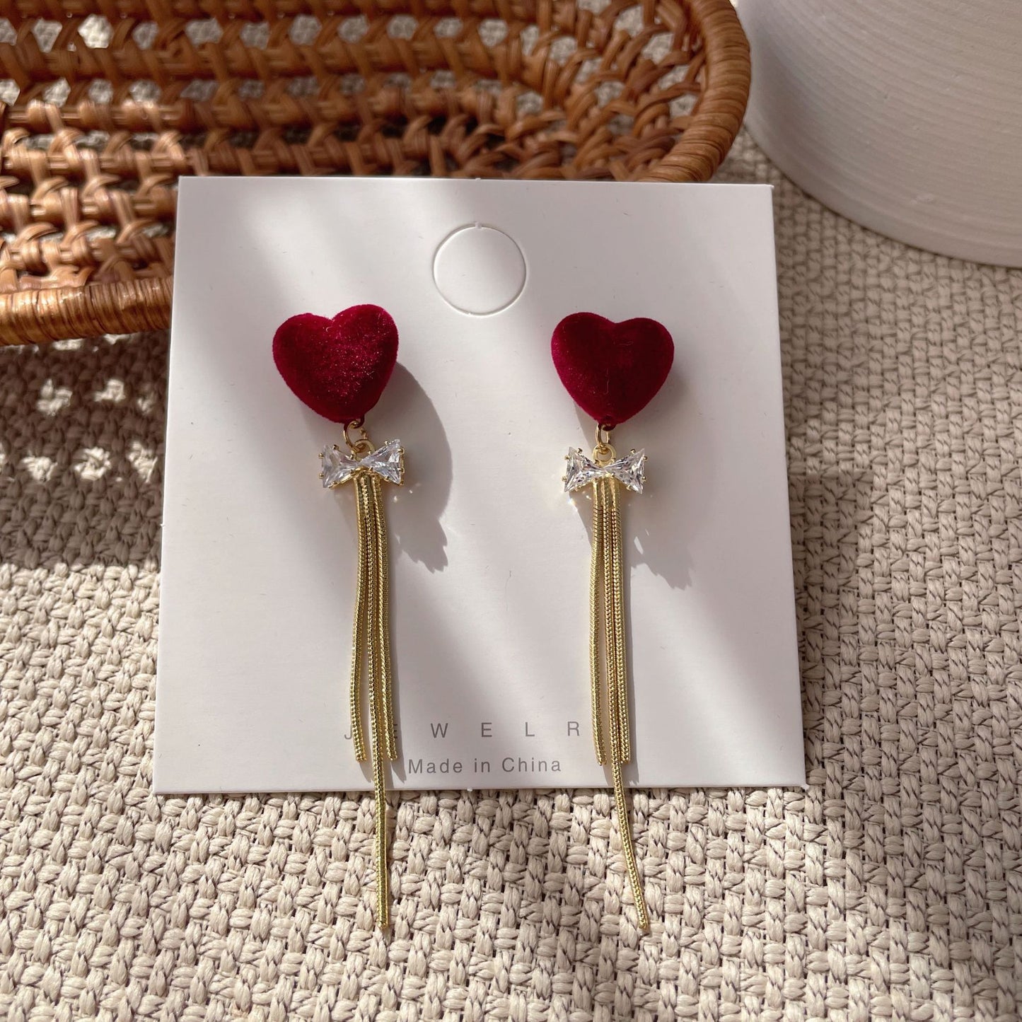 Bridal Red Veet Bow Heart Pearl Toast Earrings