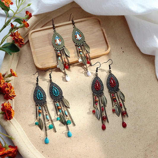 Women's Retro Bohemian Long Fringe Ethnic Style Water Drop Earrings