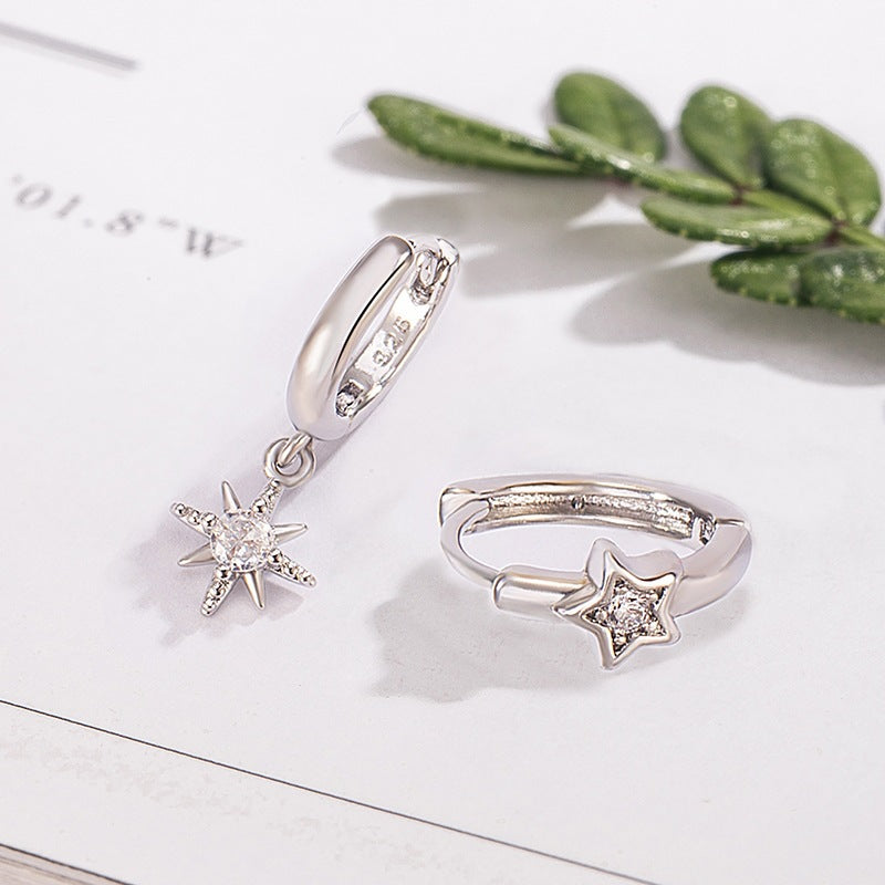 Women's Asymmetric Eight Awn Star French Style Fashionable Golden Simple Twin Earrings