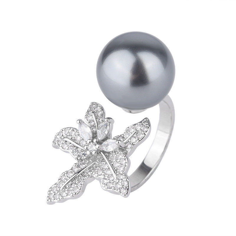 Inlaid Imitation Pearl Flower Starfish Temperament Open Rings
