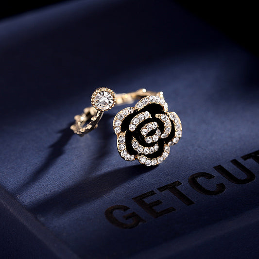 Korean Style Retro Fashion Elegance Jewelry Black Flowers Openings Rings