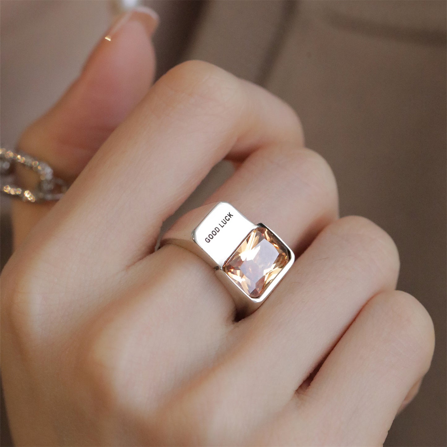 Square Caramel Zircon Female Retro Fashion Ring