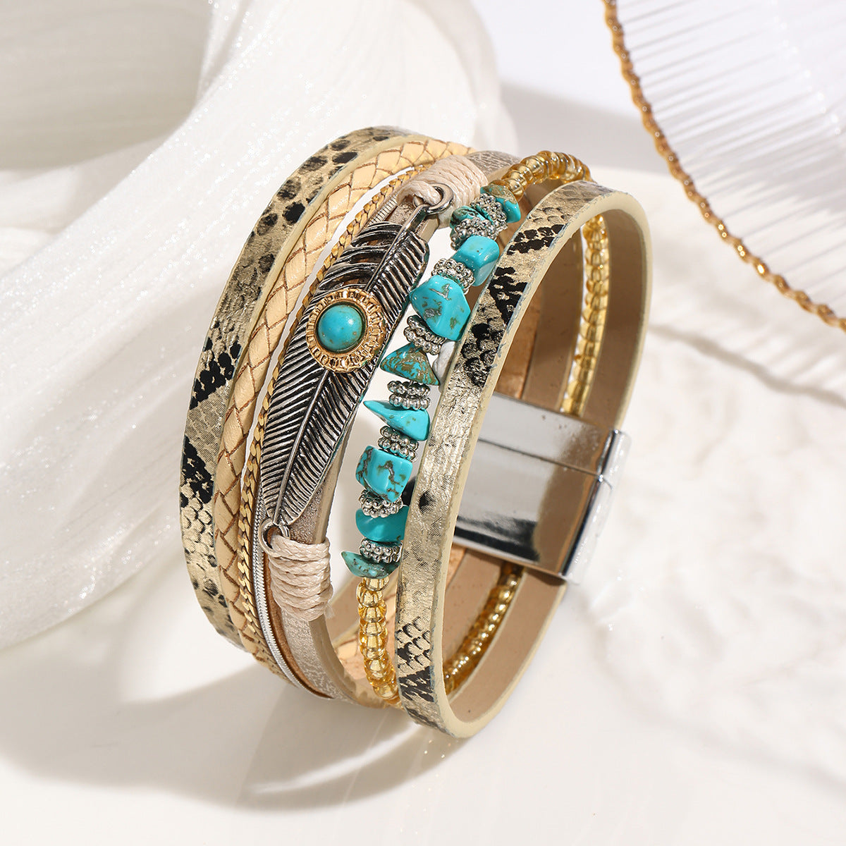 Bohemian Gravel Feather Leather Vintage Turquoise Bracelets
