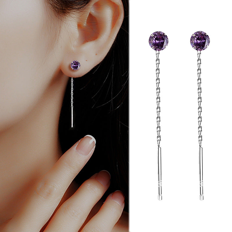 Women's Sterling Sier Inlaid Hanging Temperament Wild Color Zircon Earrings