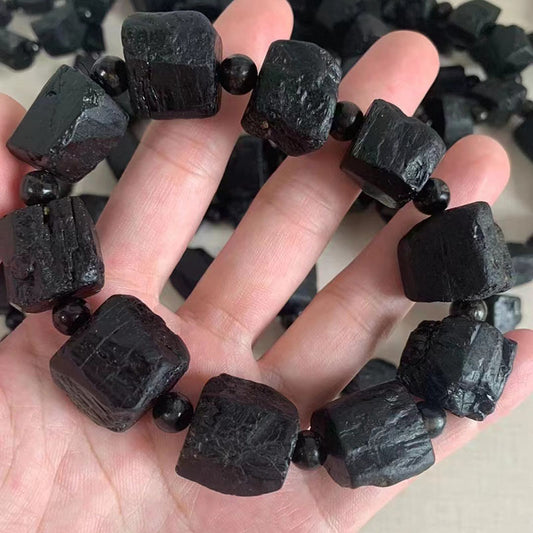 Women's & Men's Tourmaline Crystal Dazzling Black Grade Rough Stone Square Frosted Bracelets