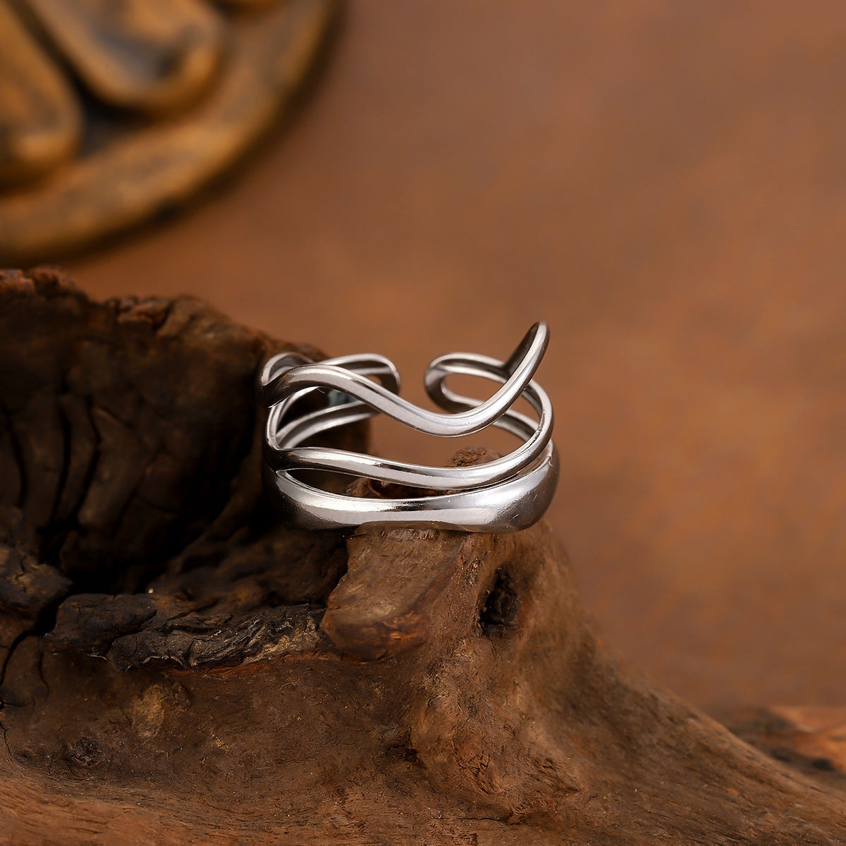 Irregular Line Open Wave Stainless Steel Ring
