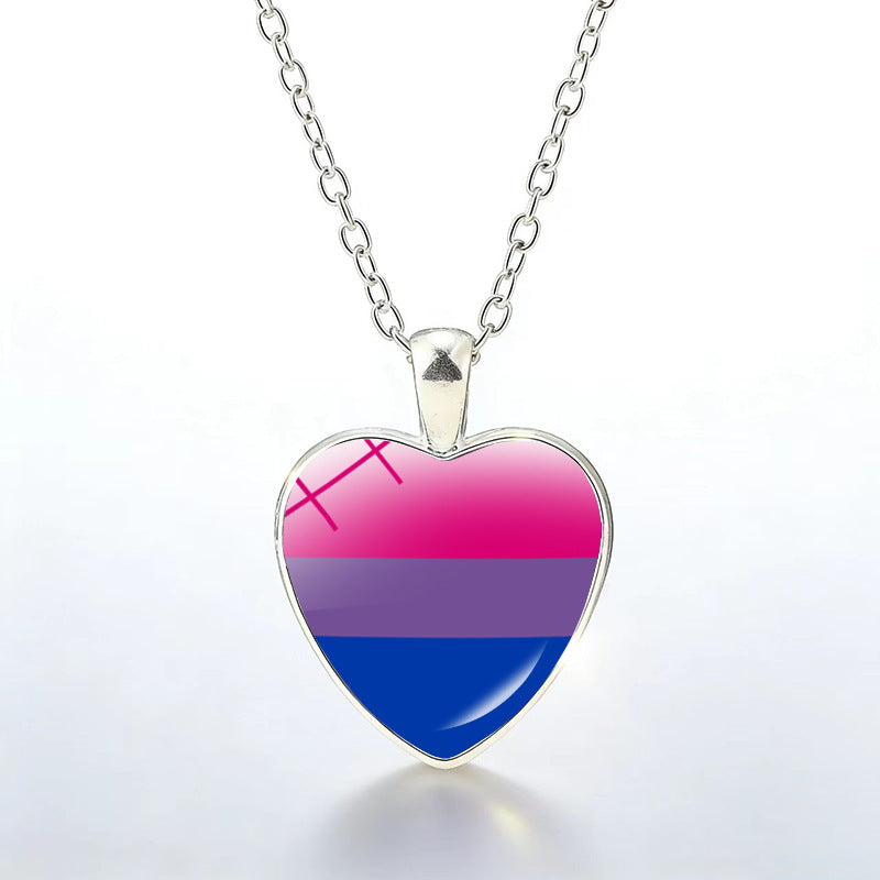 Multicolor Peach Heart Rainbow Pattern Time Gem Cabochon Necklaces