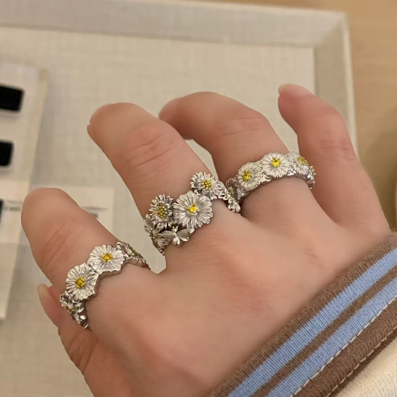 Korean Style Blue Cross Lace Niche Color Zirconium Ring