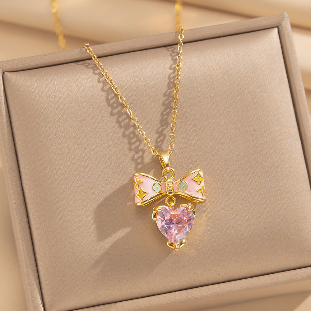 Love Heart Flowers Enamel Fashion Micro Inlaid Zircon Necklace