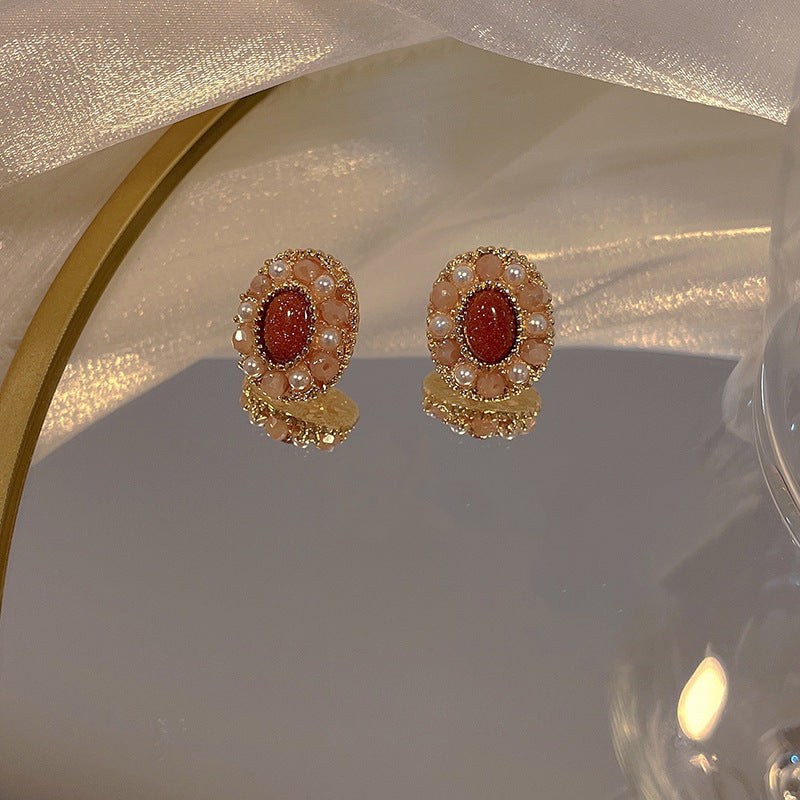 Sier Needle Wine Red Pearl Ear Tide Exquisite Super Fairy Stud Earrings
