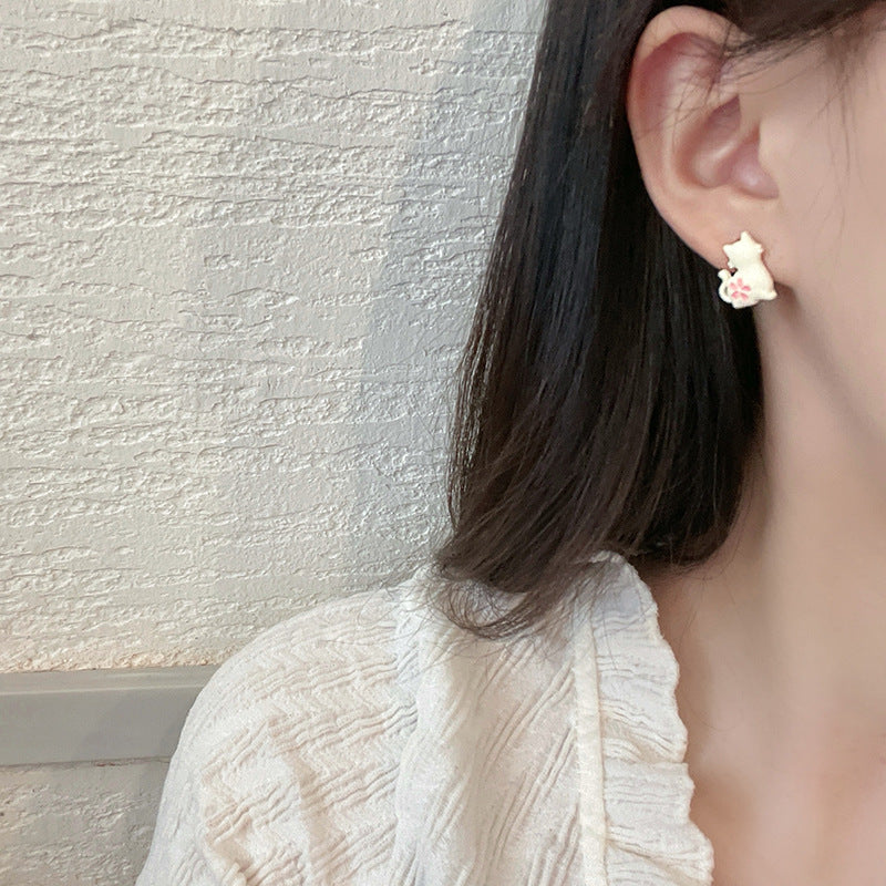 Women's Sier Needle Cute Cat Flower Style Simple Graceful Earrings