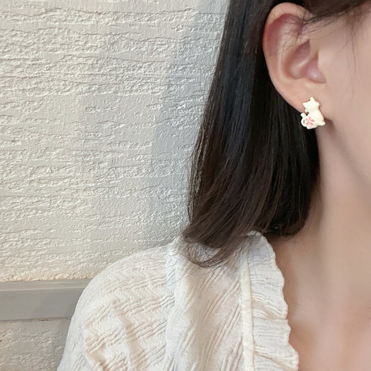 Women's Sier Needle Cute Cat Flower Style Simple Graceful Earrings
