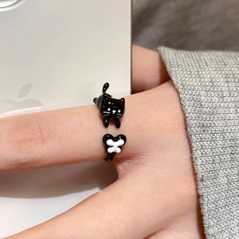 Cute Puppy Drip Glazed Female Niche Design Rings