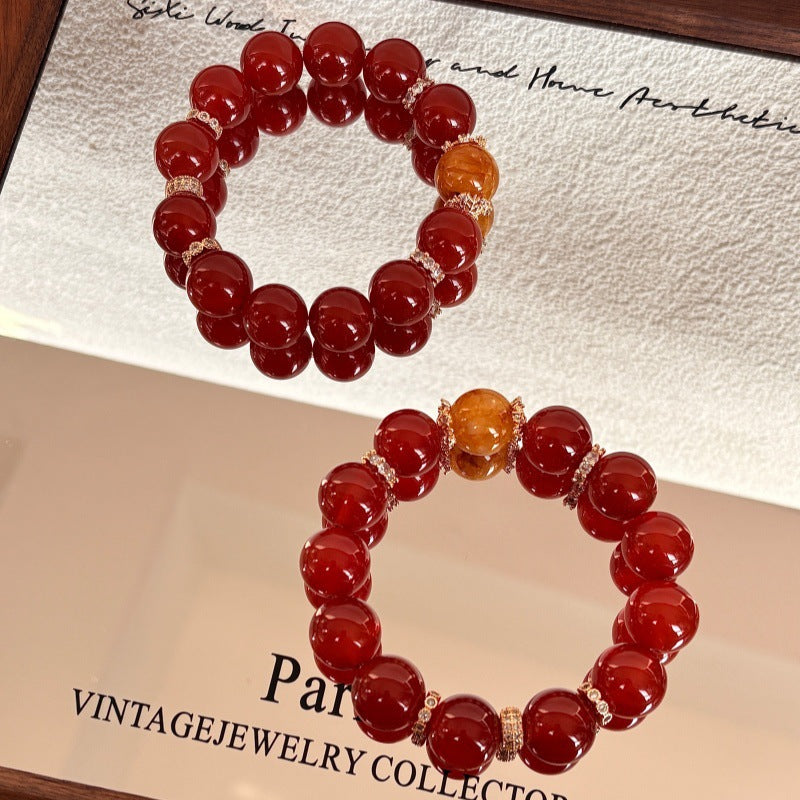 Red Luck Head Plastic Flower Natural Crystal Design Black Gold Bracelets
