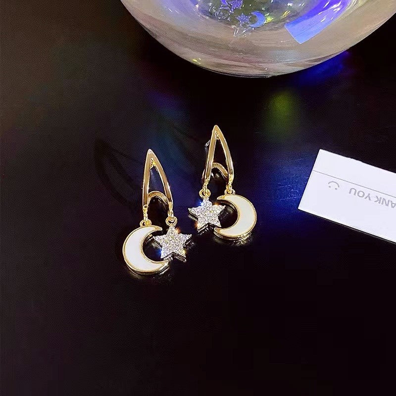 Women's Jeweled Loving Heart Ear Clip Shell Star Moon Asymmetric Long Earrings