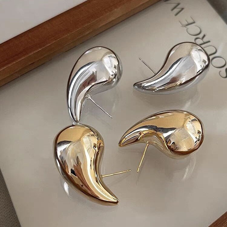 Large Water Drop Metal Cold Style Melon Seed Type Stud Earrings