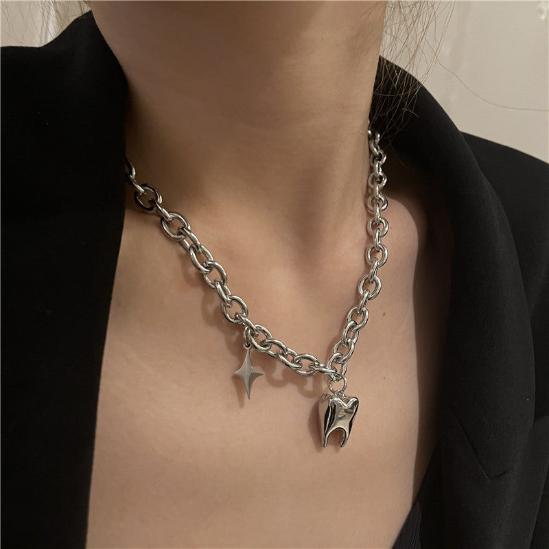 Hop Stainless Steel Titanium Thick Chain Fun Teeth Shape Necklace
