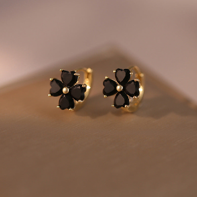 Women's Korean Style Niche Temperament Black Zircon Four-leaf Earrings