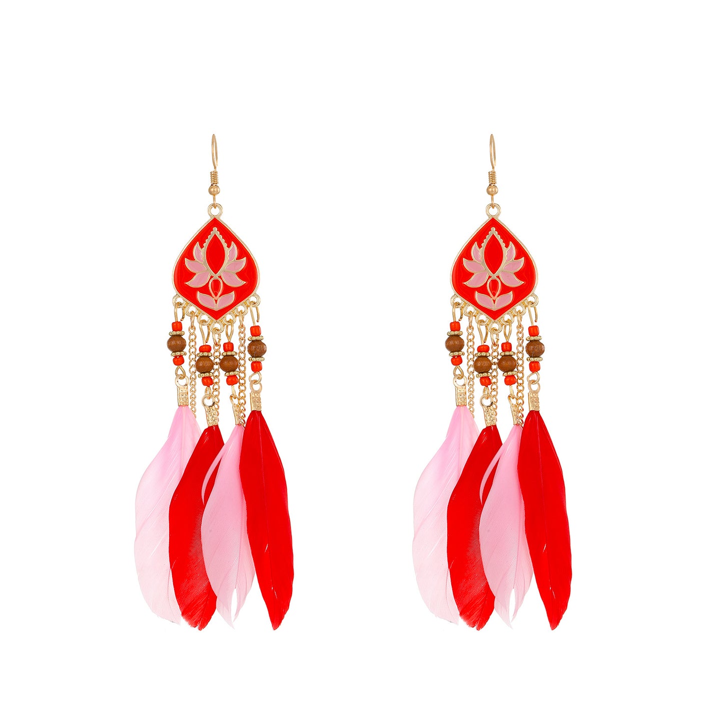 Semicircle Feather Popular Long Bead Chain Tassel Ethnic Rings