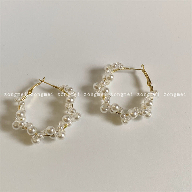 Women's French Style High-grade Crystal Woven Pearl Gentle Light Earrings