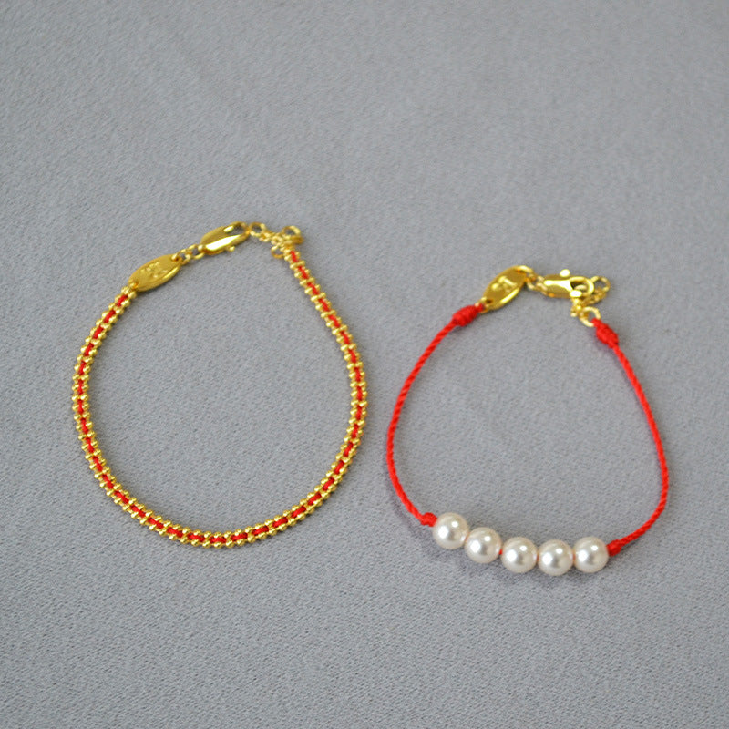 Life Gift Festive Hand-woven Red Rope Pearl Bracelets