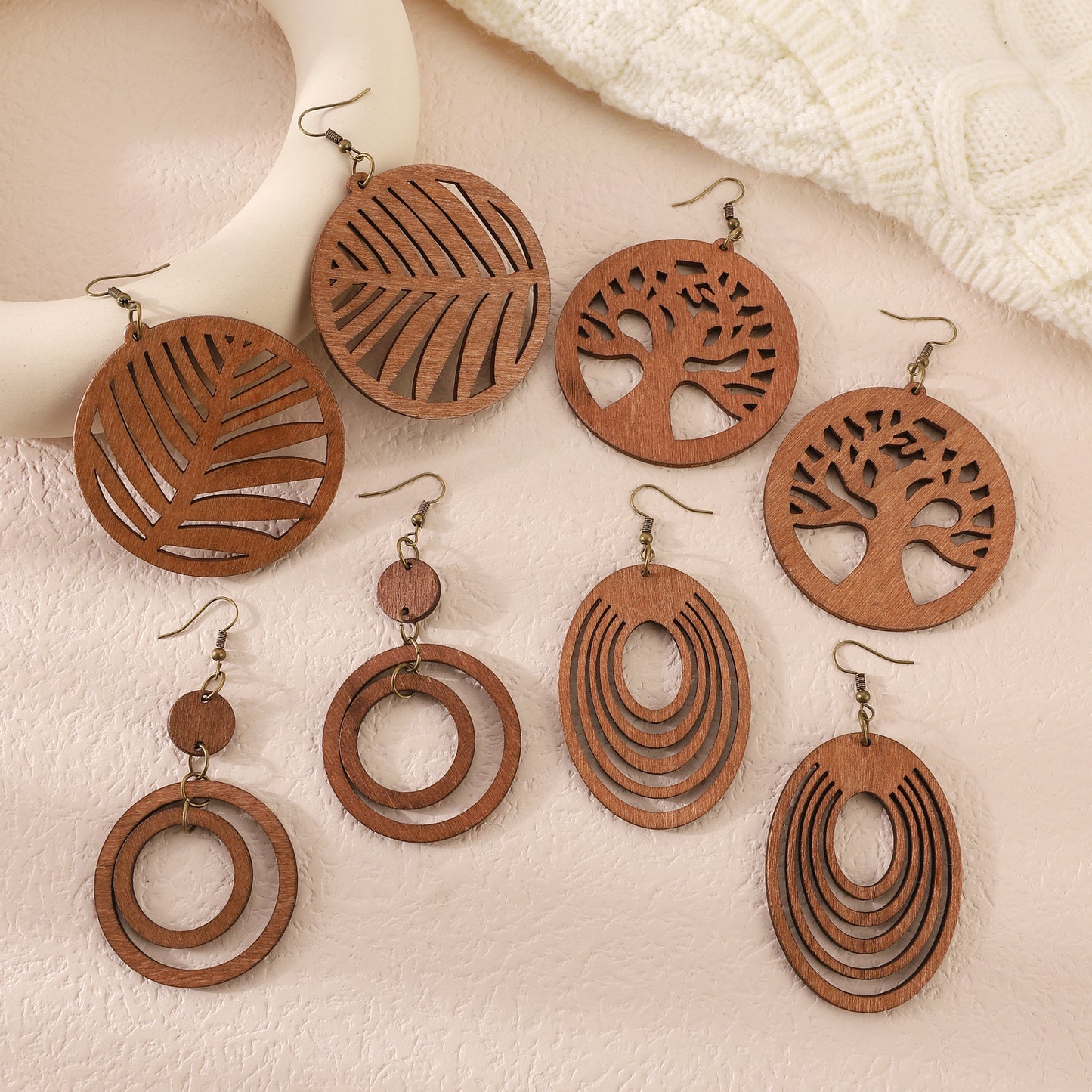 Retro Wood Piece Hollow Lucky Tree Earrings