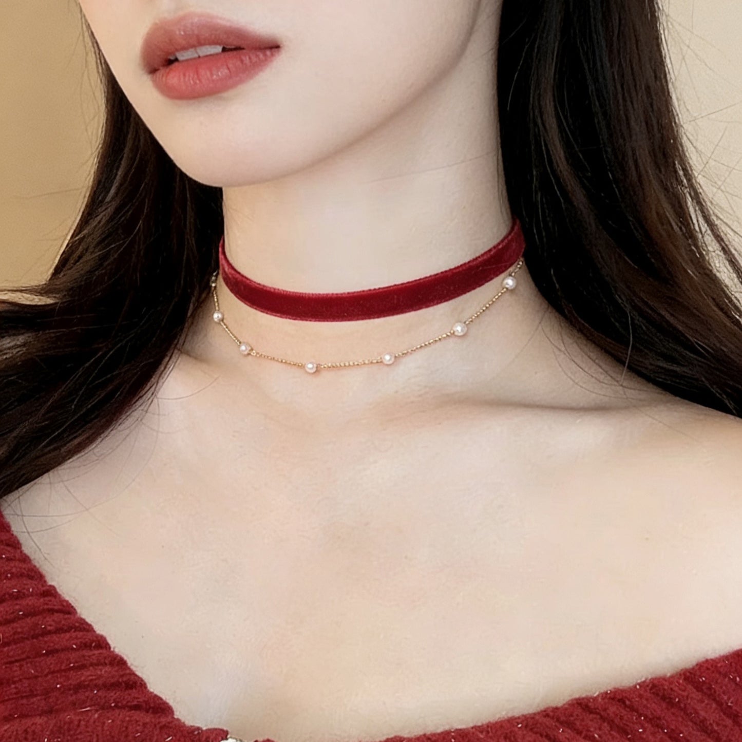 Burgundy Veet Neckband Vintage Toast Clothing Neck Simple Pearl Chain Necklace