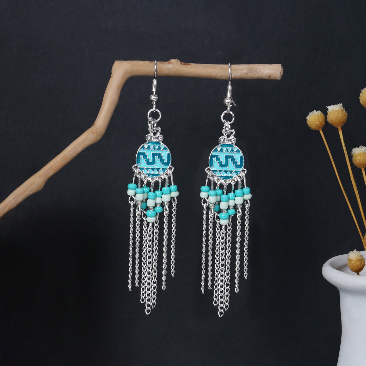 Turquoise Bohemian Palm Owl Bronze Carved Geometric Feather Earrings