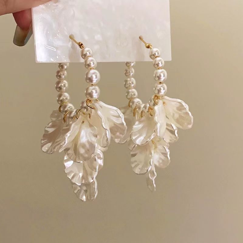 Petals Pearl Ethereal Design Long Tassel Ear Clip Rings