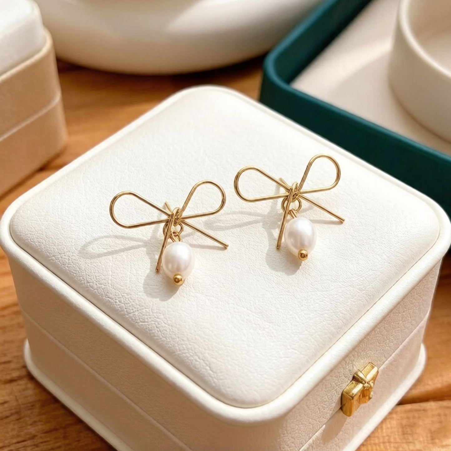 Hollow Bow Freshwater Pearl Bends Hitches Stainless Steel Earrings