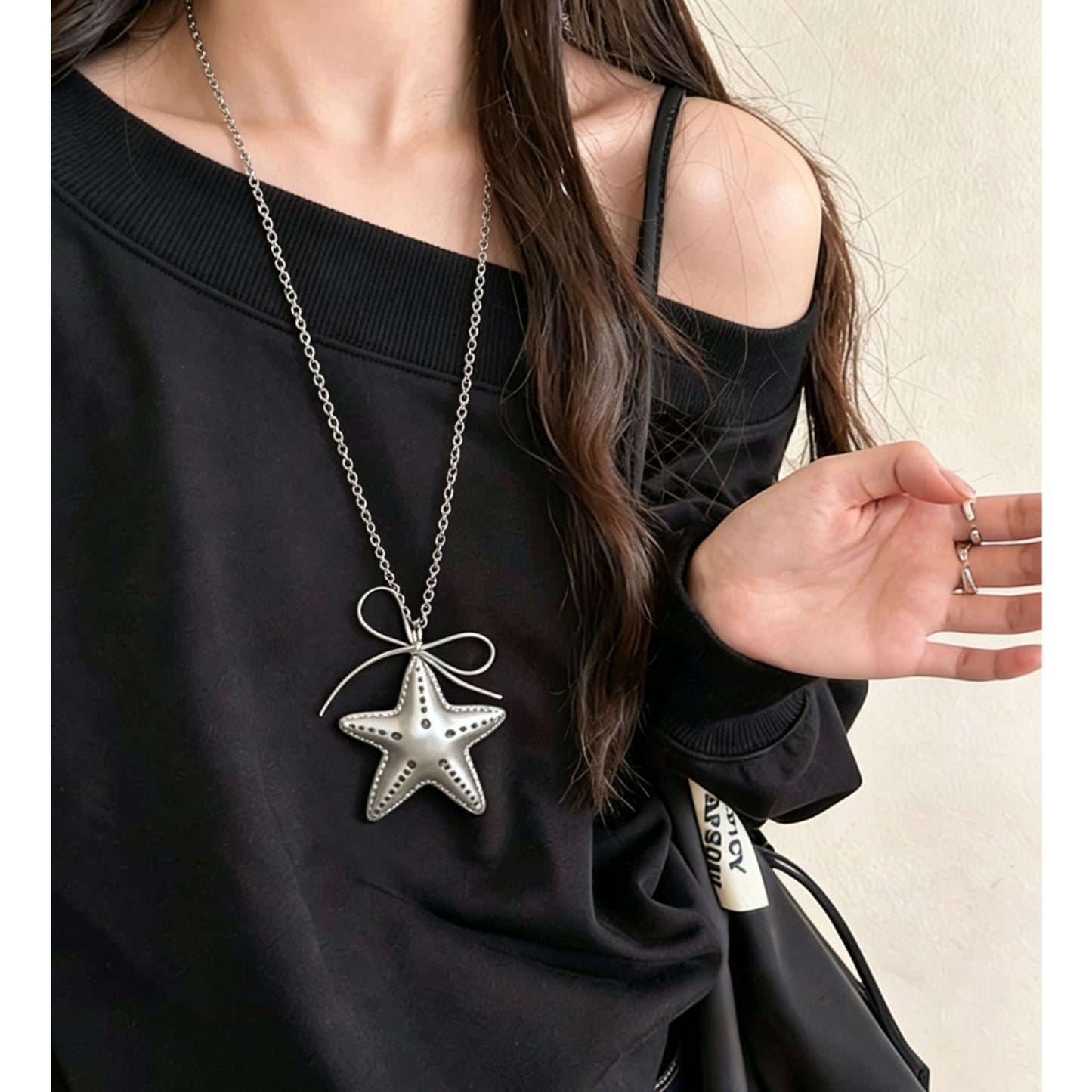 Women's Sweet Cool Hot Design Sier Bow Titanium Steel Long Necklace