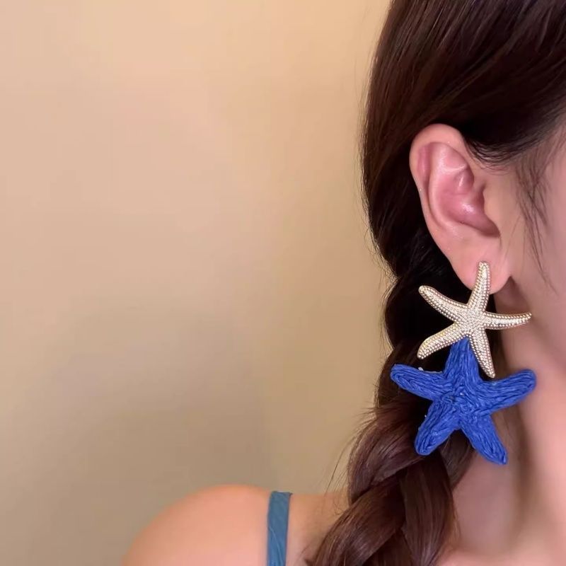 Island Holiday Blue Straw Starfish Female Exaggerated Personalized Seaside Vacation Earrings