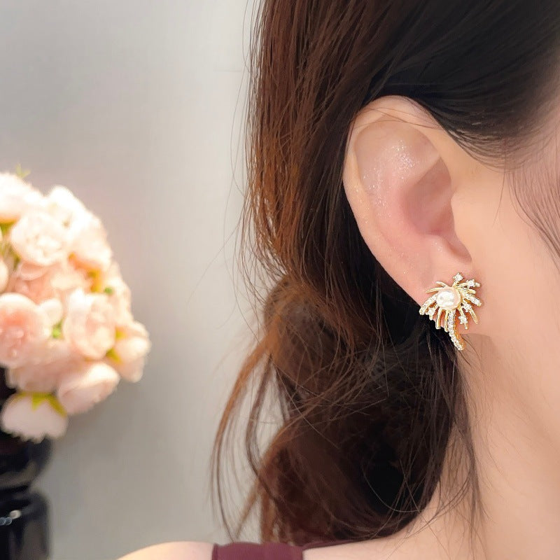 Women's Full Diamond Pearl Fireworks Exquisite Light Luxury Small Versatile Design Earrings