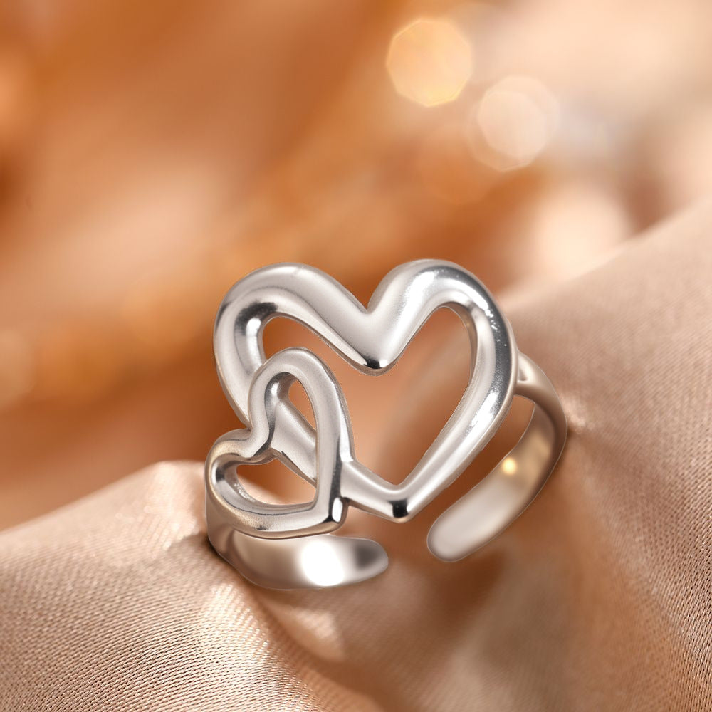Steel Sweet Double Love Heart-shaped Female Geometric Line Rings