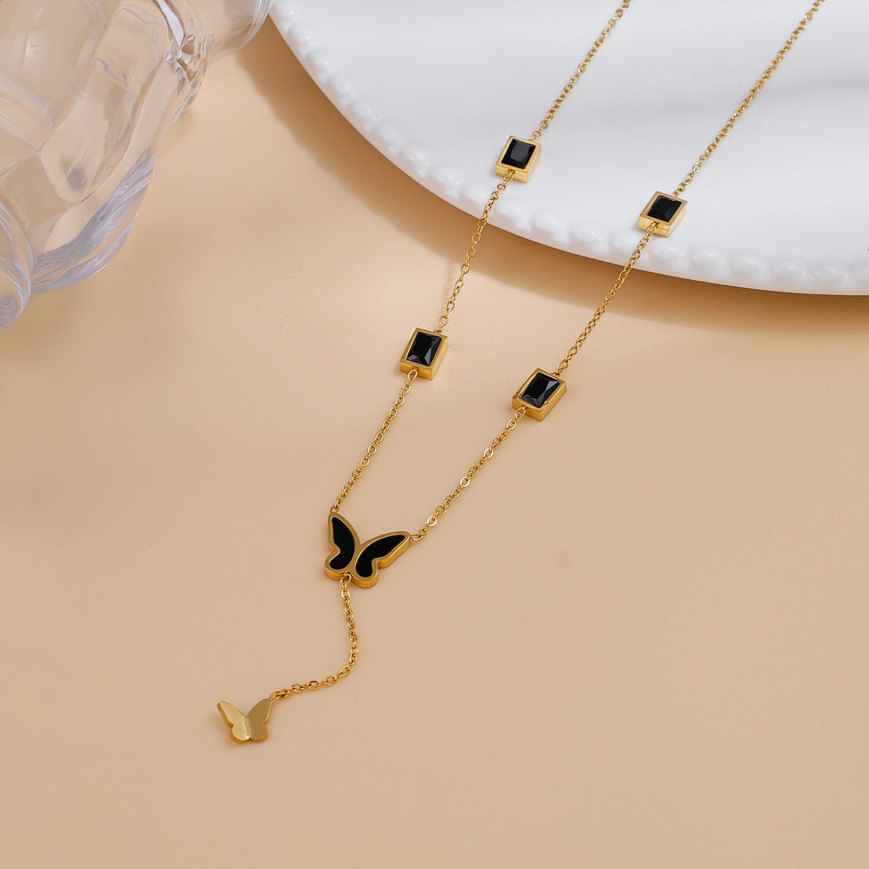 Women's Steel Black Butterfly Tassel Square Zircon Clavicle Necklace