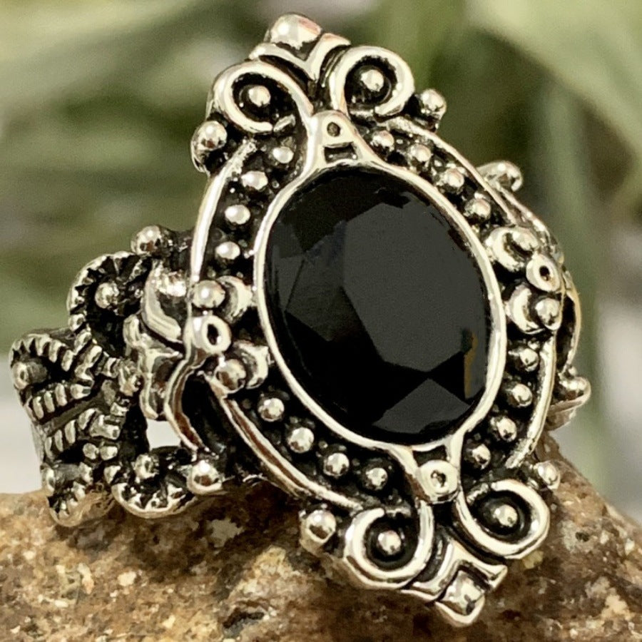 Black Synthetic Zircon Vintage Sier Plated Goose Ring