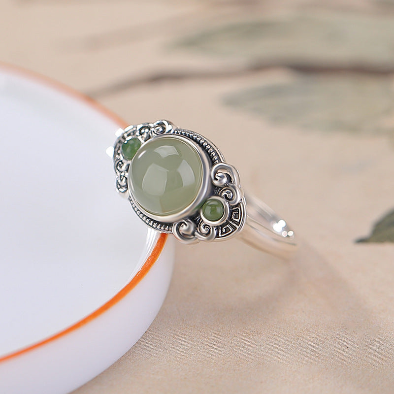Women's Natural Jade Thai Sier Sunny Water Jasper Round Return Pattern Rings