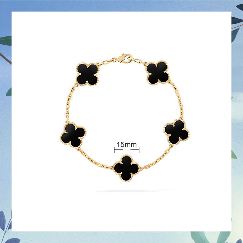 Women's Four-leaf Clover Rose Gold Red Agate Black White Shell Flower Bracelet