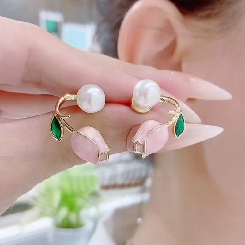 Pink Tulip Pearl Special Interest Light Luxury Design Eardrops Sweet Stud Earrings