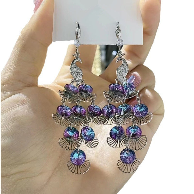 Women's Peacock Crystal Temperament Pure Color Animal Light Luxury Minority Earrings