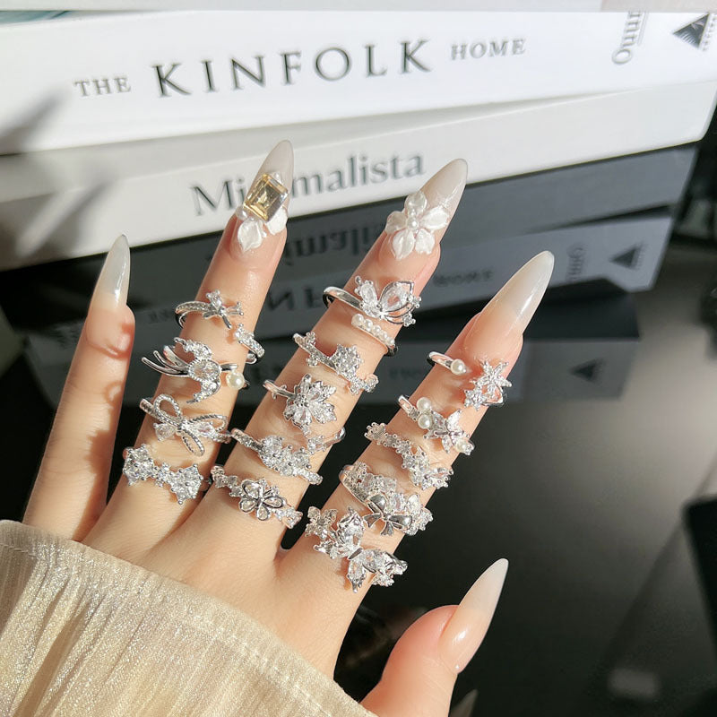 Light Luxury Sier Diamond Pieces Butterfly Mix Match Ring