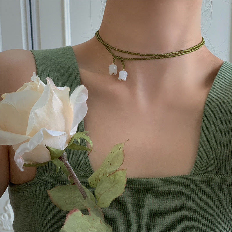 Wearing Methods Natural White Jade Lily Olive Green Crystal Winding Necklaces