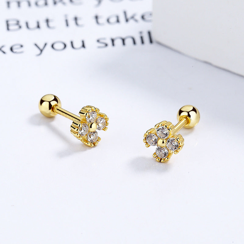 Clover Zircon Thread Female Sterling Sier Simple Design Screw Earrings
