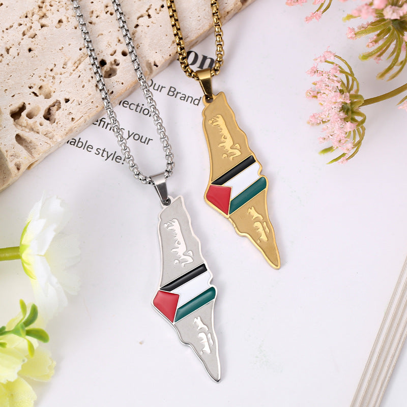 Stainless Steel Israel Palestine Flag Map Necklace